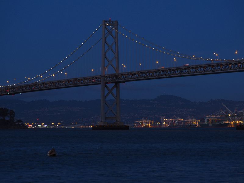 Bay Bridge lights are turned on