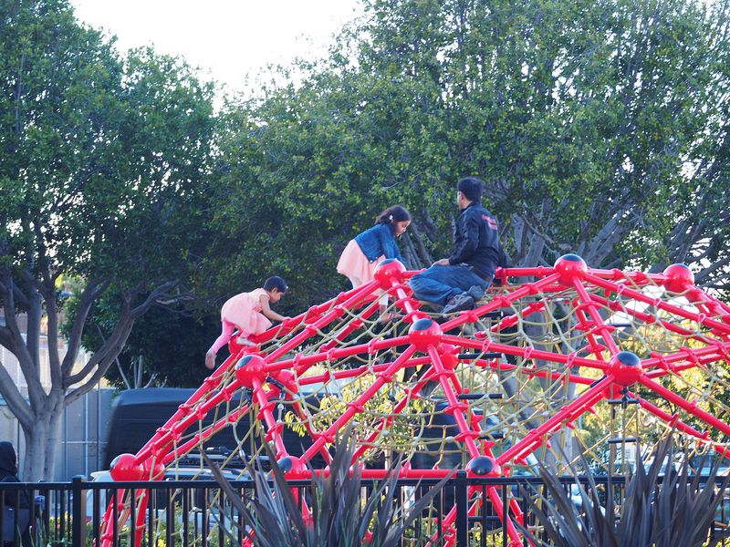 Kids on a climbing structure with Dad