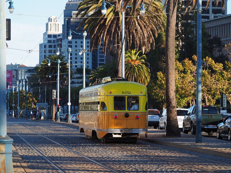 Rear view of vintage F line street car